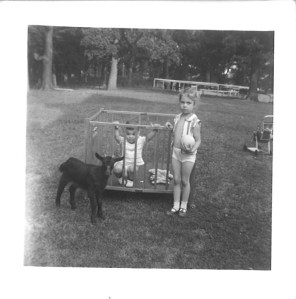 Don Pakey in playpen, sister Emily and "the goat." Pakey farm, 1950s.